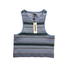Garage Striped Tank Top Women Small Blue Ribbed Knit Seamless Cropped Racerback